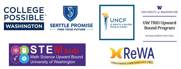 logo collage of college access partners: College Possible Washington, Seattle Promise, UNCF, UW TRIO Upward Bound Program, STEMsub, REWA
