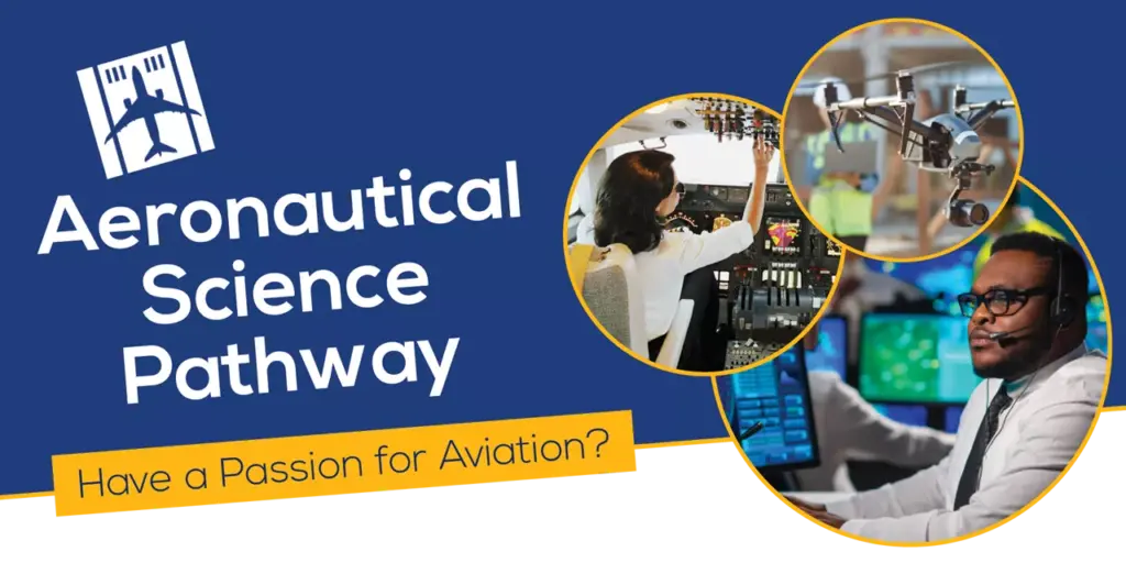 Aeornautical Science Pathway logo / banner with images of a pilot, drone, and air traffic controller